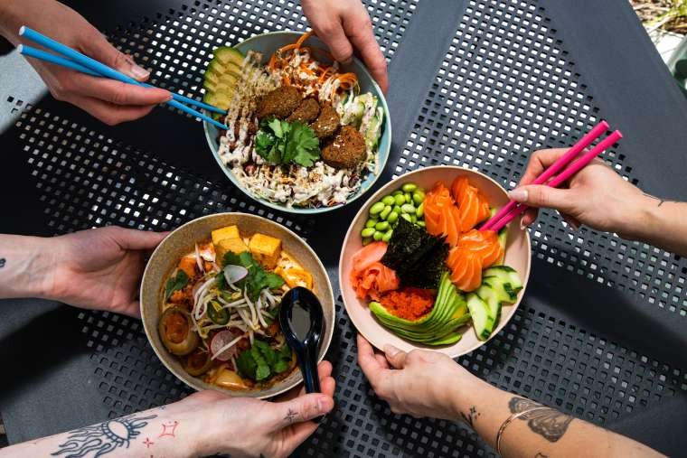 Overhead photo of delicious meals