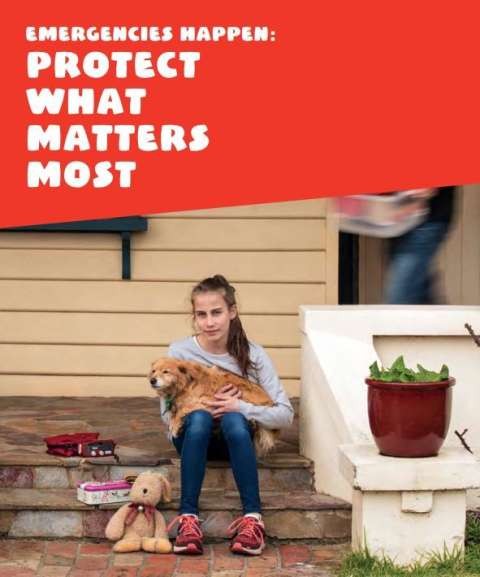 Emergencies happen. Protect what matters most. Photo of a girl sitting on front steps, hugging her pet dog and surrounded by her belongings.