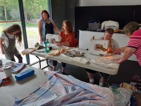 Sharon Terry sewing at 2020 pouch making event